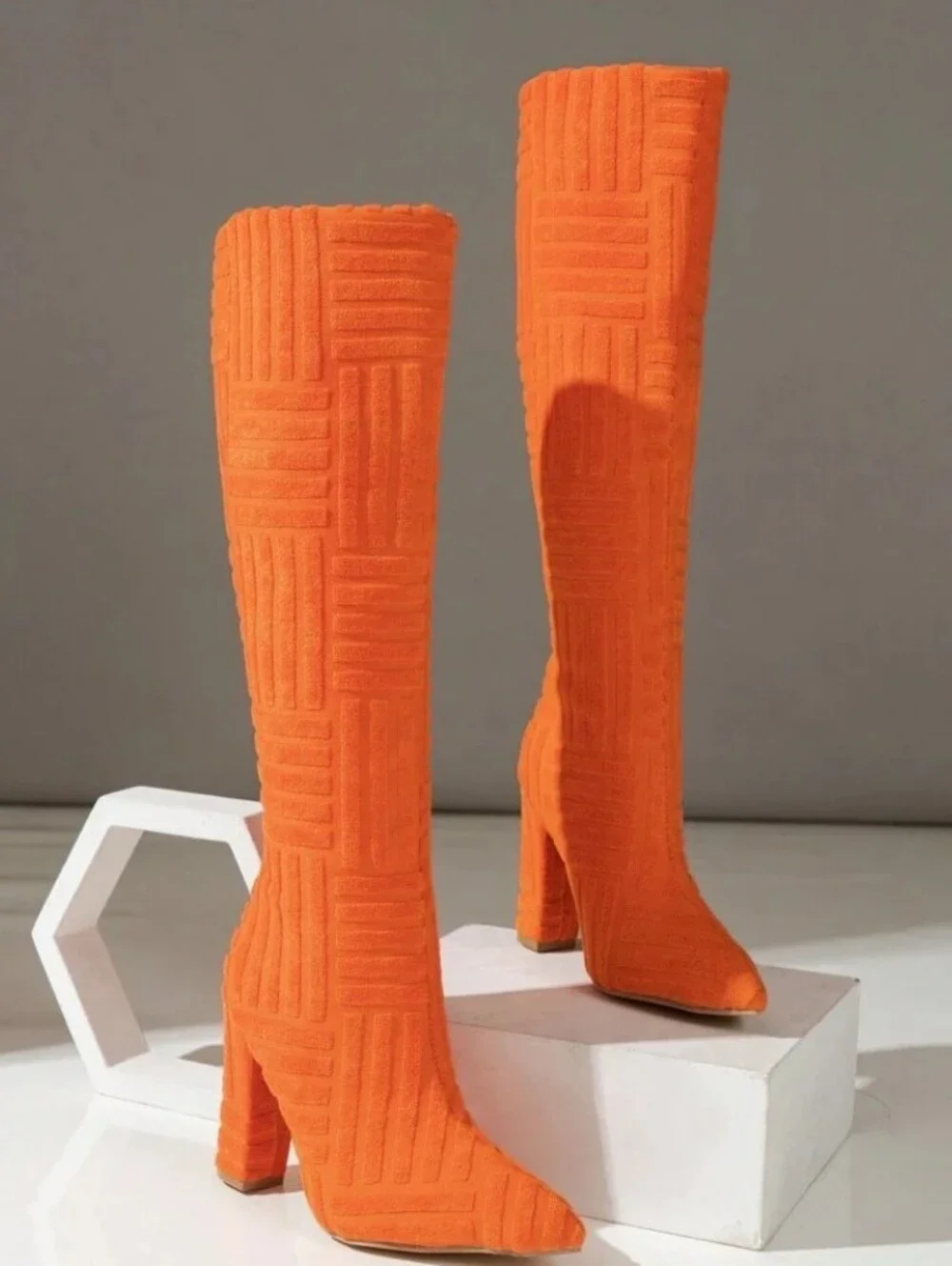 New! Retro Fabric Orange Knee-High Block Heel Boots - Women's
